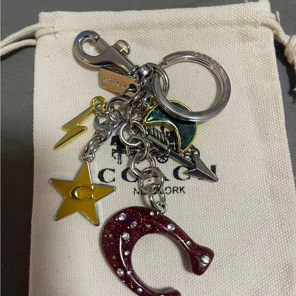 Coach Multi-Charm Key & Card Holder with Red Glitter Horseshoe and Yellow Star